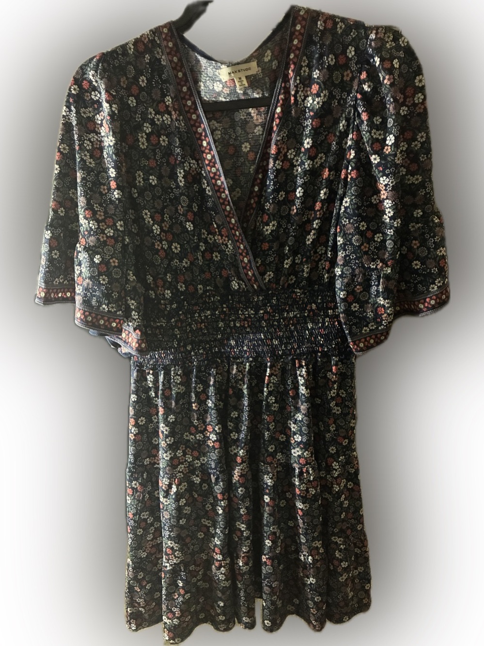 Max Studio navy blue Floral V‑Neck Smocked Waist Dress Jacket